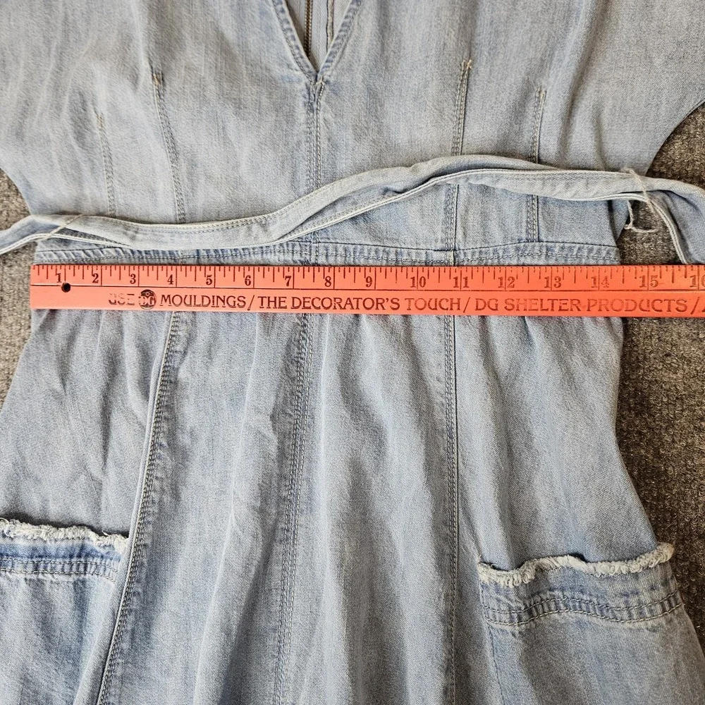 Free People Denim Asymmetrical Hem Mini Dress Size 4 Belted Dolman Sleeve Deep V